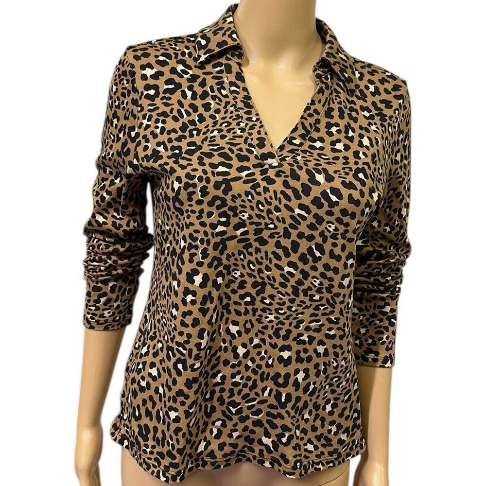 Cotton Charter Club Animal Print Feline Spots Long Sleeve Collared V Neck Top S